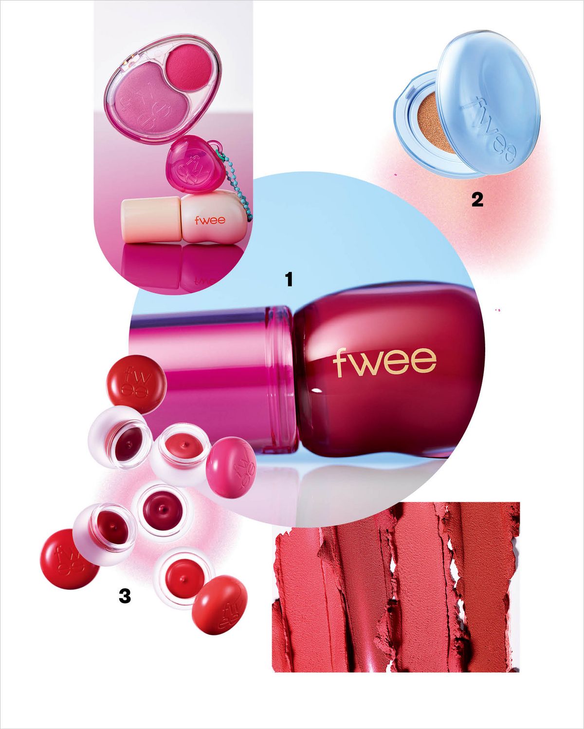 1 3D 볼류밍 글로스 커런트 30% 1만8천원 Fwee. 2 쿠션 글래스 내추럴 2만8천원 Fwee. 3 립앤치크 블러리 푸딩팟 2만2천원 Fwee.