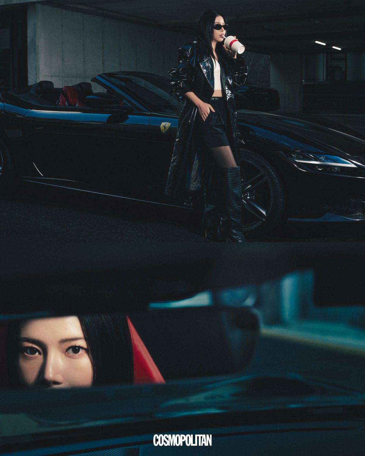 트렌치코트 Bonbom. 쇼츠 Weekend Max Mara. 선글라스 Gentle Monster. 이너 톱, 스타킹, 롱부츠 스타일리스트 소장품. 블랙 스포츠카 Ferrari.