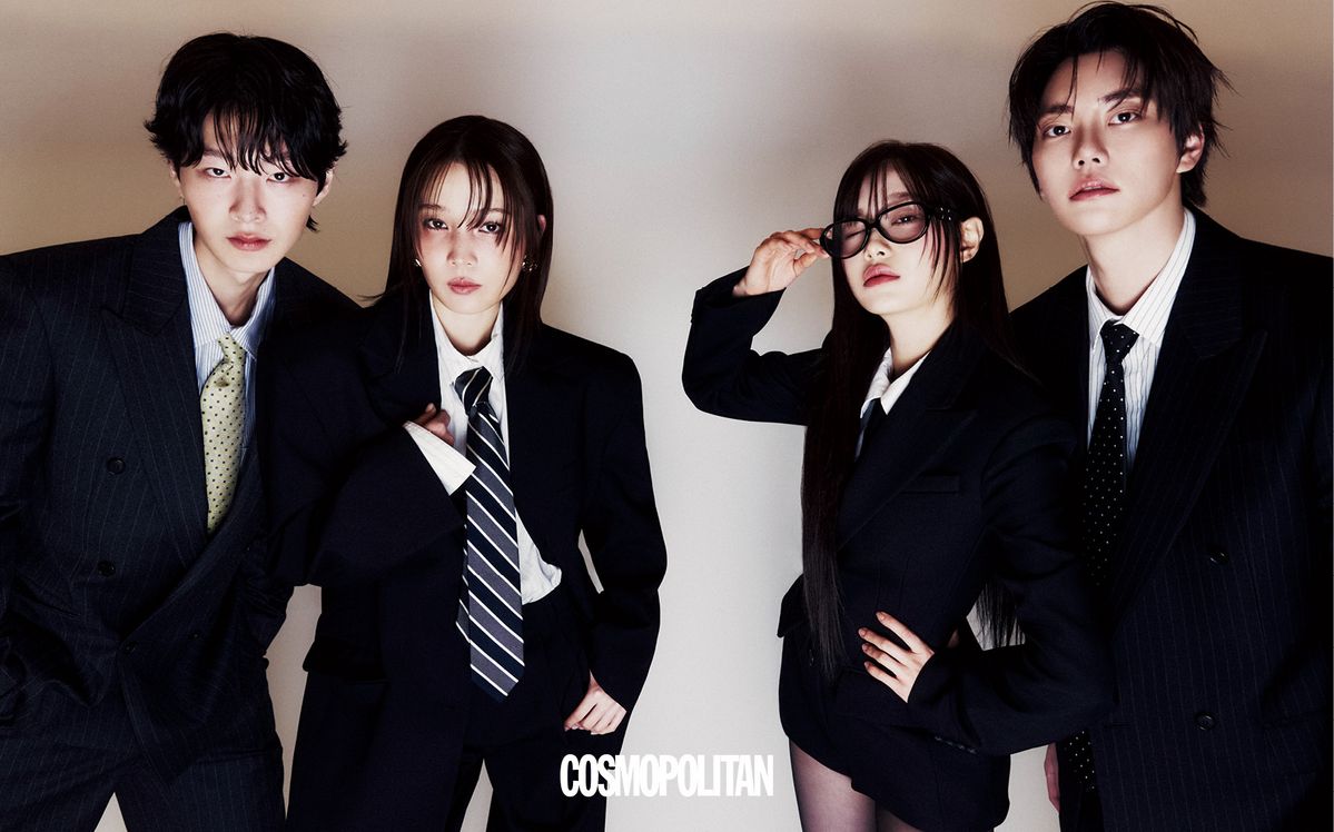 (최현준)슈트 셋업, 타이 모두 Heon Kim. 셔츠 Cos. (윤소희)슈트 셋업 H&M. 귀고리 Ferragamo. 셔츠, 타이 스타일리스트 소장품. (츄)점프슈트 Michael Kors Collection. 안경 Gentle Monster. 셔츠, 타이, 스타킹 스타일리스트 소장품. (정현규)슈트 셋업, 셔츠, 타이 모두 Heon Kim.