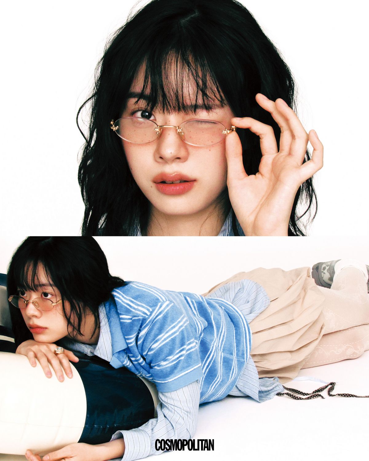 피케 셔츠 Sporty & Rich. 셔츠 Cos. 미니스커트 Nehera. 꽃 브로치 Lots You. 반지 Swarovski. 안경 Miu Miu by Luxottica. 슈즈 AsicsxCecilie Bahnsen. 타이, 스타킹 스타일리스트 소장품.