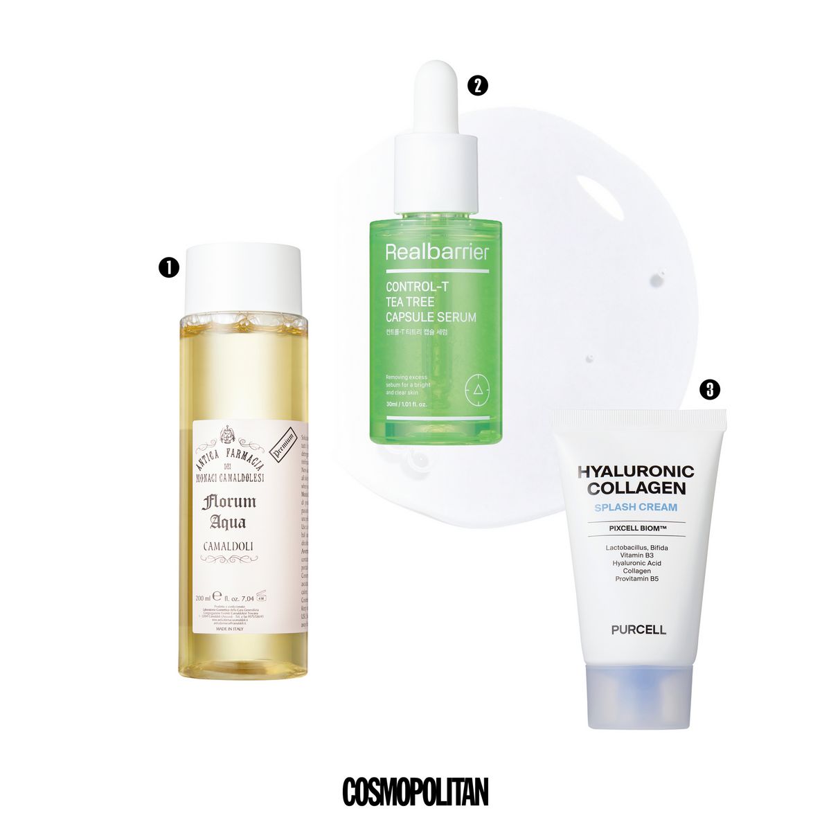 1 흐트러진 유·수분 밸런스를 맞추고 싶다면 산뜻한 워터 제형으로 알칼리성 피부의 약산성화에 도움을 준다. 프로방스 장미꽃 추출물과 나이아신아마이드 성분이 수분 증발도 차단한다. 플로럼 아쿠아 5만8천원 Camaldoli. 2 트러블 집중 케어가 시급하다면 4-터피네올을 2.4배 더 담아낸 티트리 추출물과 나노 사이즈의 더블 코어 시너지로 트러블을 집중 케어하고 피부 장벽을 탄탄하게 재건한다. 컨트롤-T 티트리 캡슐 세럼 2만1천원 Realbarrier. 3 보습 유지와 장벽 케어를 동시에 특허받은 유산균 성분인 픽셀바이옴™에 콜라겐과 히알루론산을 더해 피부 본래의 방어력을 강화한다. 픽셀바이옴™ 히알 콜라겐 스플래쉬 크림 3만6천원대 Purcell. 