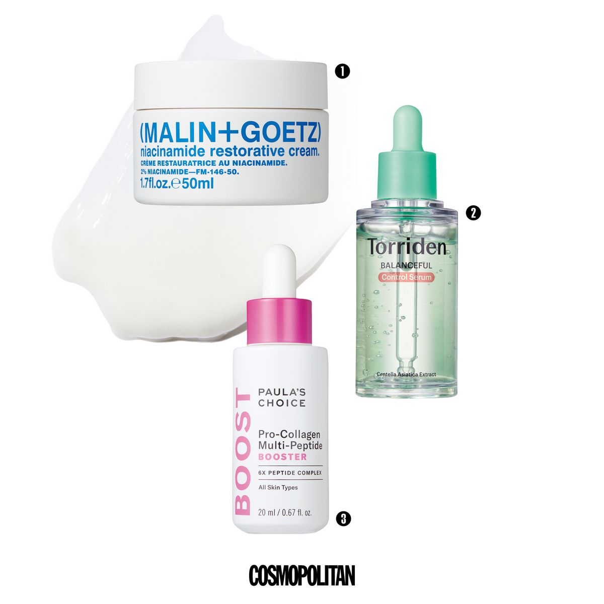 1 뭘 해도 컨디션 노답인 피부 수분 부족과 잔주름, 탄력 저하와 피부 톤 불균일, 약해진 피부 장벽의 6가지 징후를 타기팅해 피부 전반의 컨디션을 되찾는 데 집중했다. 나이아신아마이드 리스토러티브 크림 11만9천원 Malin+Goetz. 2 산유국 피부가 고민된다면 끈적임 없는 워터 세럼 타입. 피지 분비를 조절하고 마데카소사이드, 티퍼센트 카밍 콤플렉스 등 시카 성분을 함유해 뒤집어진 민감 피부를 진정시킨다. 밸런스풀 시카 컨트롤 세럼 2만3천원 Torriden. 3 환절기에도 기능성 루틴을 포기할 수 없다면 6가지 펩타이드 콤플렉스와 히알루론산, 사과 추출물이 피부를 탄탄하게 잡아준다. 프로콜라겐 멀티-펩타이드 부스터 앰플 9만1천원 Paula’s Choice.