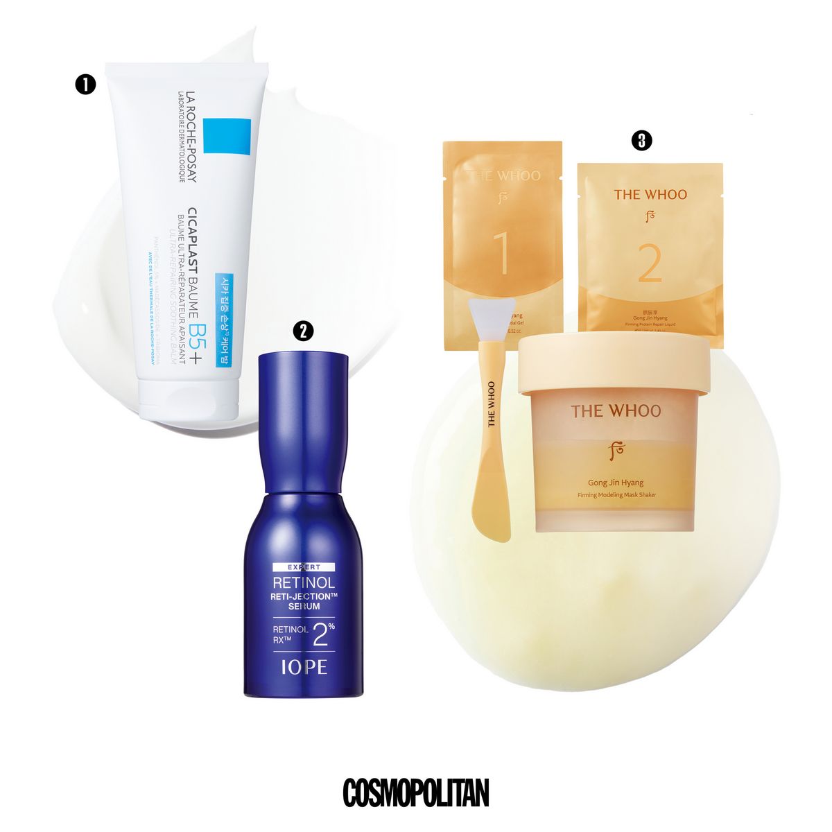 1 피부 장벽을 재건하는 인생 시카 트라이바이오마™와 판테놀, 마데카소사이드 성분이 외부 자극에 대한 저항력을 높여 전반적인 피부 컨디션 안정화를 유지하도록 해준다. 시카플라스트 밤 B5 4만원대 La Roche-Posay. 2 훅 떨어진 피부 탄력 3백만 개의 스피큘에 레티놀을 담아 피부 깊은 곳까지 레티놀 성분이 도달할 수 있도록 고안했다. 한 번만 발라도 탄력과 주름, 모공 개선에 효과적. 레티놀 레티젝션™ 세럼 5만9천원 Iope. 3 수분감으로 꽉 찬 탱글한 피부 탄력 특화 성분인 공진솔루션과 식물성 가수분해 단백질 성분이 피부 탄력을 끌올하며 탄탄한 페이스 라인을 선사한다. 공진향 탄력 쉐이킹 모델링 마스크 프로틴 리페어 5만8천원(4회분) The Whoo.