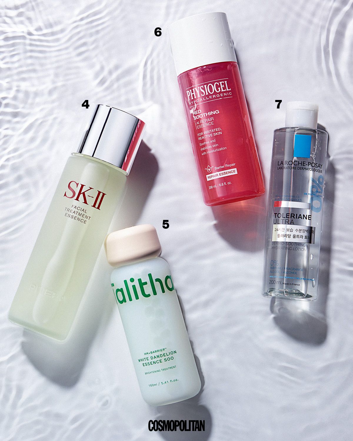 4 45년 가까이 지켜온 무향료, 고함량 포뮬러로 자연 효모 발효 성분 피테라™를 90% 이상 담았다. 토너처럼 가볍게 퍼지고 산뜻하게 스며 여러 겹 덧발라도 밀림이 없다는 점이 오랜 시간 사랑을 받는 이유. 세안 직후 바르면 피부 pH 균형을 재빨리 잡고 묵은 각질을 부드럽게 제거해 꾸준히 사용 시 맑고 투영한 피부를 경험할 수 있다. 피테라 에센스 21만9천원 SK-II. 5 세안 후 수분 손실이 시작되기 전에 피부를 프레핑해주는 저자극 토너 에센스. 임상 시험으로 확인된 ‘3겹 속보습’ 효과로 피부 속 2.5mm까지 수분을 채워 땅김을 빠르게 잠재운다. 흰민들레수가 베이스가 돼 붉은 기 진정은 물론 피부 생기까지 케어해 투명한 안색을 되찾아준다. HM+Barrier™ 화이트 단델리온 에센스 수 6만2천원 Talitha Koum. 6 뭘 발라도 붉고 따가운 초민감 피부를 위한 ‘0단계’ 솔루션. 피부 마찰을 최소화한 쫀쫀한 젤 텍스처가 클렌징 후 민감해진 피부를 감싸 진정시키고, 한 번만 발라도 꽉 찬 수분감을 남겨 복잡한 루틴을 덜어낸다. 피지오겔만의 민감 피부 특화 기술을 적용, 환절기 저하된 피부 면역력을 회복시켜 무너진 피부 방어선을 다시 세운다. 레드수딩 AI 리페어 에센스 3만1천원 Physiogel. 7 극민감성 피부의 세안 직후 ‘골든타임’을 겨냥한 저자극 진정 토너. 칼슘과 아연, 미네랄이 풍부한 라로슈포제 온천수와 나이아신아마이드가 피부 장벽을 탄탄히 세워 수분을 오래 머금게 한다. 가벼운 워터 타입이라 예민함이 극에 달한 날에는 화장솜에 적셔 즉석 팩으로 활용하면 빠른 진정 효과를 볼 수 있다. 똘러리앙 울트라 로션 3만2천원 La Roche-Posay.