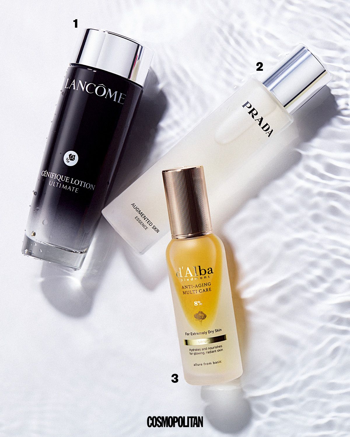 1 로션이라는 제품명에 걸맞게 바르는 즉시 유·수분을 채우고, 리퀴드 필름처럼 얇은 보습막이 피부를 코팅해 수분 손실을 막는다. 농밀한 텍스처라 특히 고보습 나이트 케어가 필요한 날, 루틴의 시작점으로 제격. 바이오미메틱 성분인 베타 글루칸-CM이 피부 본연의 힘을 끌어올려 노화 고민까지 케어한다. 제니피끄 로션 얼티미트 리퀴드 리페어 세럼 인 에센스 10만5천원 Lancôme. 2 AHA와 BHA, PHA까지 3중 필링 성분이 각질을 정돈해 피부 결을 매끈하게 하고, 다음 단계의 흡수를 끌어올린다. 프라다 뷰티의 아답토젠 스마트 테크놀로지™가 피부 구조를 재생하고 세포 턴오버에 긍정적인 영향을 줘 외부 변화에도 흔들리지 않는 피부 컨디션을 서포트한다. 바르자마자 빠르게 흡수되고, 가벼워 메이크업 전에 사용하기 안성맞춤이다. 어그멘티드 스킨 에센스 18만5천원 Prada Beauty. 3 비타민 성분 배합으로 미백부터 주름 개선까지 한 병으로 케어하는 원스톱 얼리 안티에이징 세럼. 물기를 닦아낸 다음 빠르게 뿌리기 좋은 미스트 타입이다. 오일과 세럼이 8:92 비율로 섞인 ‘오일-비타’ 이중 포뮬러가 안개처럼 미세한 입자로 고르게 분사돼 미끌거림 없이 얇고 촉촉한 보습막을 형성한다. 안티에이징 멀티 케어 스프레이 세럼 8퍼센트 3만8천원 d’Alba. 