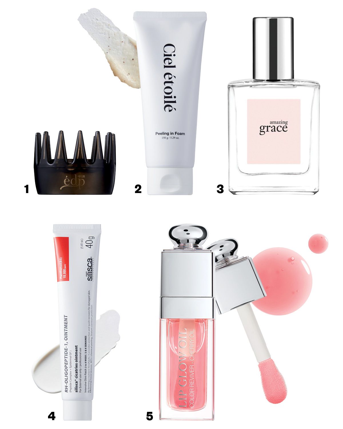 1 괄사 유목민이라면 주목. 밑면이 뚫린 원통형 디자인으로 곡면에 13개의 지압 돌기가 달려 있다. 특히 전기석이라 불리는 ‘토르말린’ 파우더를 함유해 혈액순환을 개선하고 세포를 활성화해 활발한 신진대사를 돕는다. 쁘띠 토르말린 왕관 괄사 2만원 édp. 2 호두 껍질로 이뤄진 고마주 제형이 물과 만나 폭신한 거품으로 변신! 몽글몽글한 버블이 주름과 모공 사이사이에 낀 노폐물과 피지를 저자극으로 필링한다. 물기가 없는 상태에서 마사지한 뒤, 물과 함께 거품을 내 마사지하는 방법도 추천. 필링 인 폼 5만4천원 Ciel étoilé. 3 상큼한 베르가모트와 순수한 은방울꽃이 포근한 머스크 어코드와 어우러졌다. 티 없이 깨끗한 비누 향이라 데일리로 사용하기 좋고, 한 손에 쏙 들어오는 미니멀한 사이즈라 휴대도 간편하다. 어메이징 그레이스 15ml 3만5천원 Philosophy. 4 민감한 피부를 위한 급속 진정 크림! 보호 필름처럼 피부 위에 도포된 크림막이 우리 피부의 유실된 지질막과 비슷한 역할을 해 외부 오염 물질의 침투와 피부 속 수분 증발을 막는다. 시카트리스 오인트먼트 크림 11만9천원 Silisca. 5 입술에 풍부한 영양을 공급하는 체리 오일이 핵심. 번들거리거나 끈적이지 않는 오일 텍스처가 입술에 밀착되며 자연스러운 컬러와 영롱한 광채를 남긴다. 단독으로 사용하거나 립스틱을 바르기 전 프라이머 또는 톱코트로 사용해볼 것. 디올 어딕트 립 글로우 오일 001 핑크 5만1천원 Dior Beauty. 