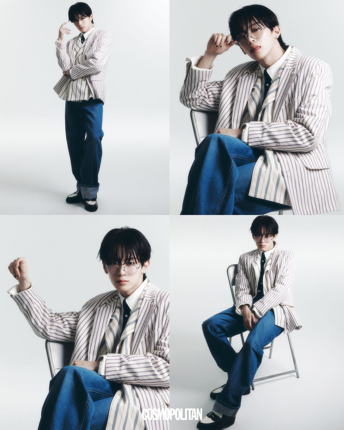 재킷 Gosha Rubchinskiy. 데님 팬츠 Msgm. 귀고리 본인 소장품. 셔츠, 안경, 슈즈 스타일리스트 소장품.