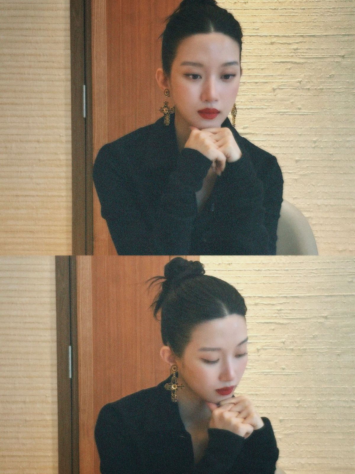 문가영의 올블랙으로 완성한 레드 립 룩. 인스타그램 @m_kayoung