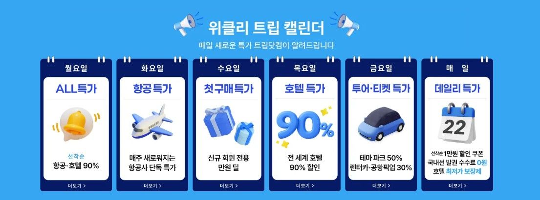 매일 다른 특가 쿠폰을 만나볼 수 있는 트립닷컴 이벤트. 이미지 트립닷컴 홈페이지