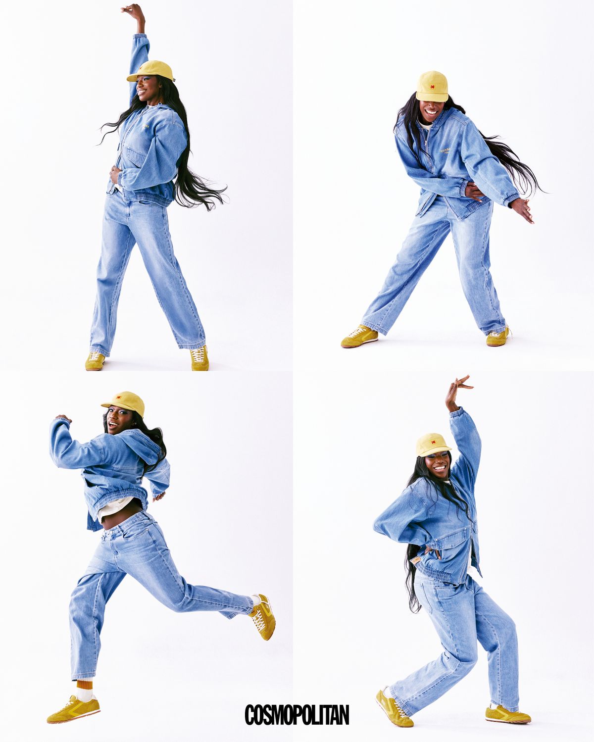 데님 후드 재킷 19만9천원, 스트레이트 데님 팬츠 13만9천원, 캠프 캡 5만9천원, 스니커즈 12만9천원 모두 Kodak Apparel.