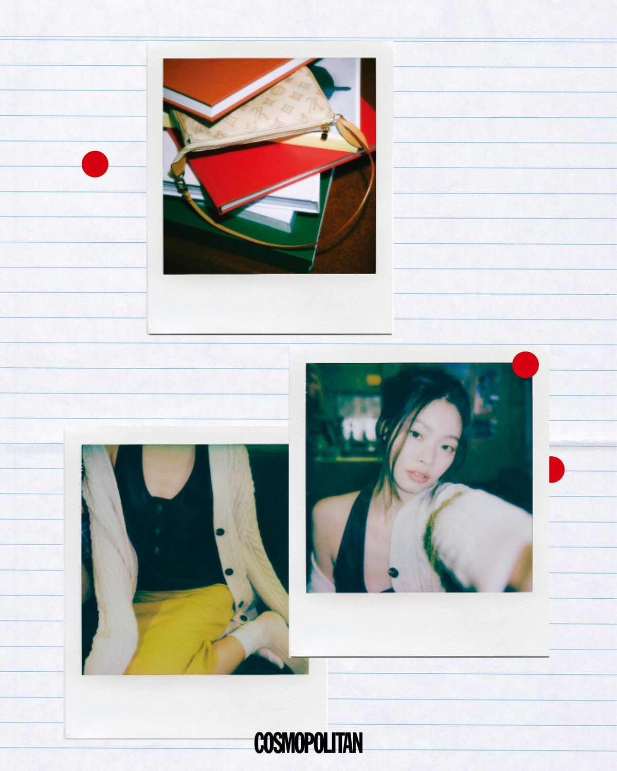 (위)포쉐트 악세수아 백 2백58만원 Louis Vuitton. (아래)케이블 니트 카디건 가격미정 Loro Piana. 레더 슬리브리스 톱, 스커트 모두 가격미정 Ferragamo. 양말 에디터 소장품. 