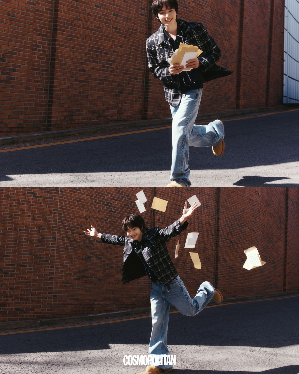 재킷 Ernest W. Baker. 니트 톱 Amiri. 데님 팬츠 Tonywack. 벨트, 스니커즈 스타일리스트 소장품. 