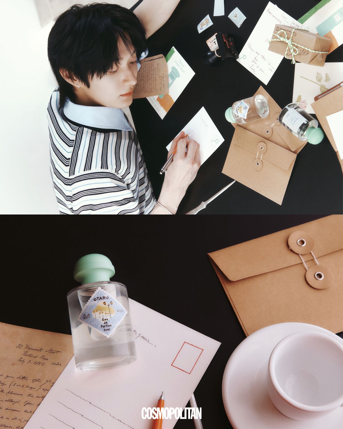 티셔츠 Wales Bonner by Boontheshop. 셔츠 Tonywack. 팔찌 Swarovski. 타이 스타일리스트 소장품. 부드러운 찻잎과 깨끗한 화이트 플로럴이 어우러진 프롬 오타루 EDP 50ml 7만원대 Postes.