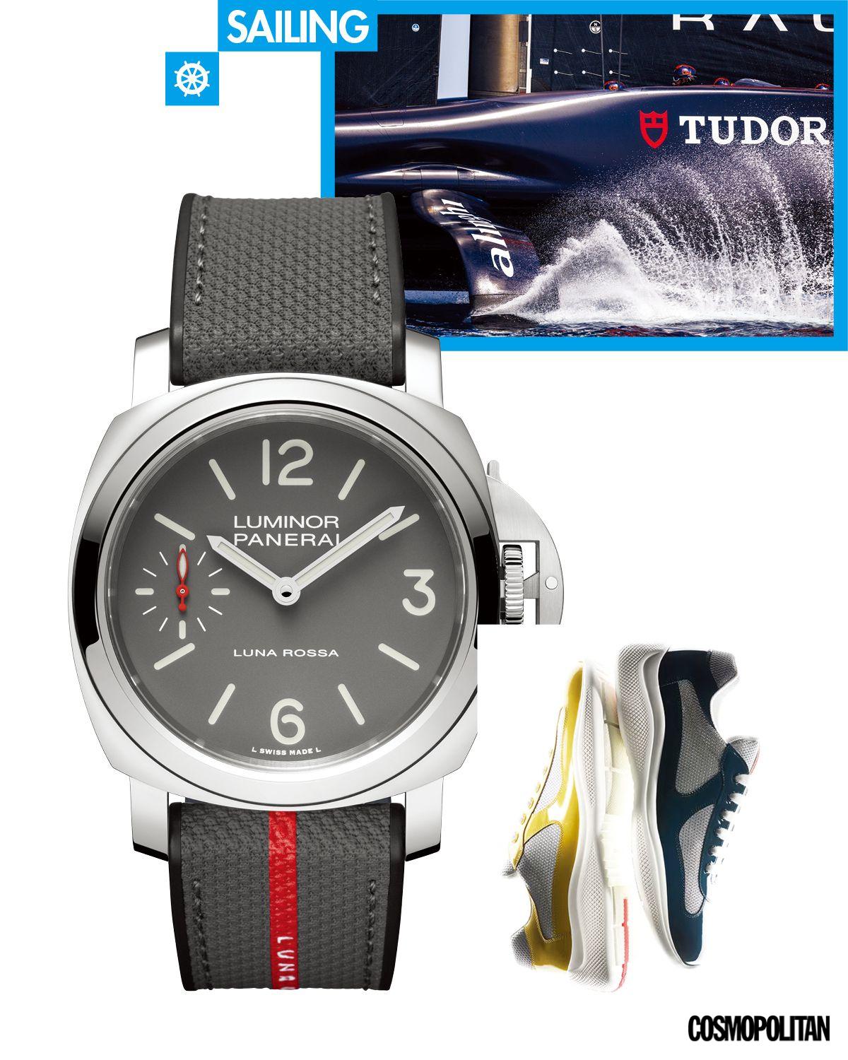 스위스 요트팀 알링기를 후원하는 튜더, 파네라이의 루나 로사 프라다 피렐리팀 협업 컬렉션, 루미노르 루나 로사 워치, 프라다의 아메리카스 컵 스니커즈.