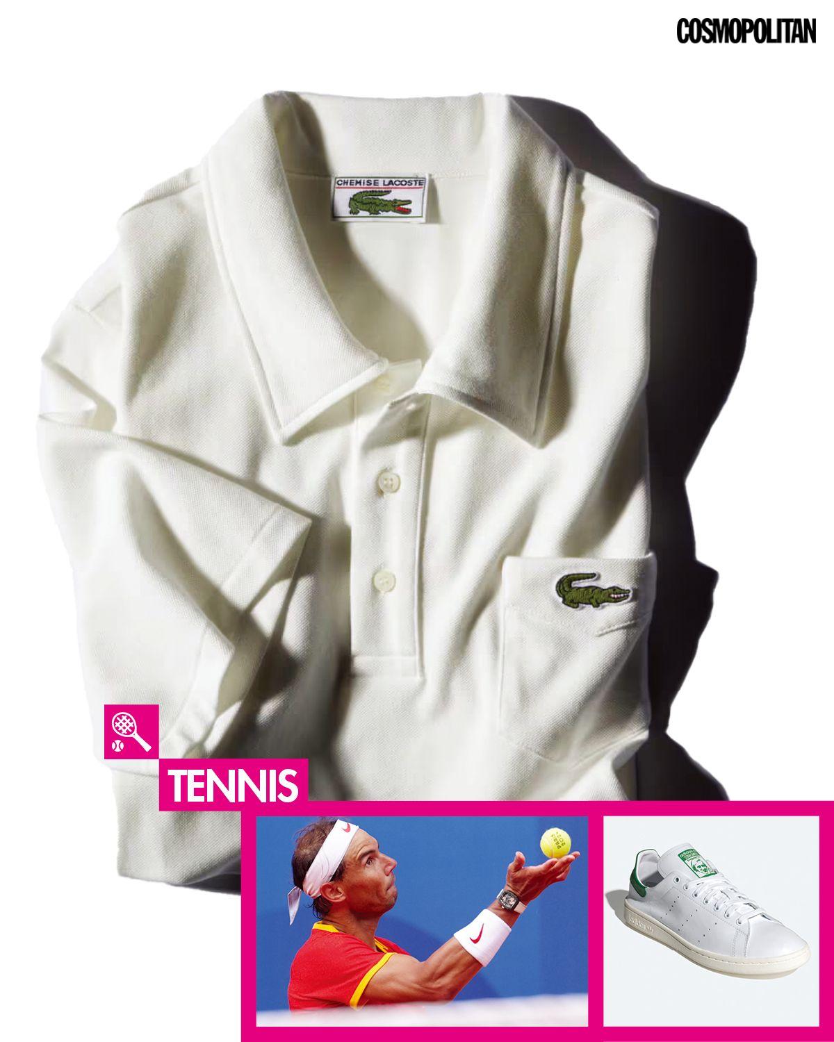 라코스테의 L.12.12 폴로셔츠 아카이브 피스, 리차드 밀 워치를 착용한 라파엘 나달, 아디다스의 스탠스미스 스니커즈. 