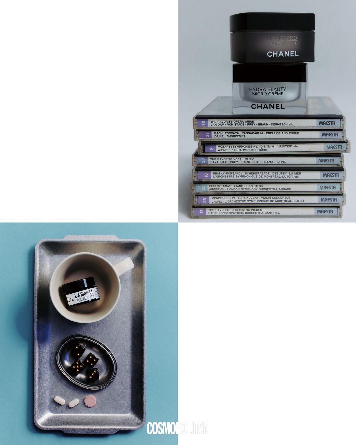 (위부터) 멜라포나 효소 성분을 함유한 르 리프트 프로 크렘 볼륨, 눈에 보이지 않는 까멜리아 마이크로 버블이 피부에 부드러움과 편안함을 선사하는 이드라 뷰티 마이크로 크림 모두 Chanel Beauty. 수분 장벽 강화에 도움을 줘, 입술을 편안하고 부드럽게 만들어주는 리커버리 립 마스크 앨지/로즈힙 오일 L:A Bruket.