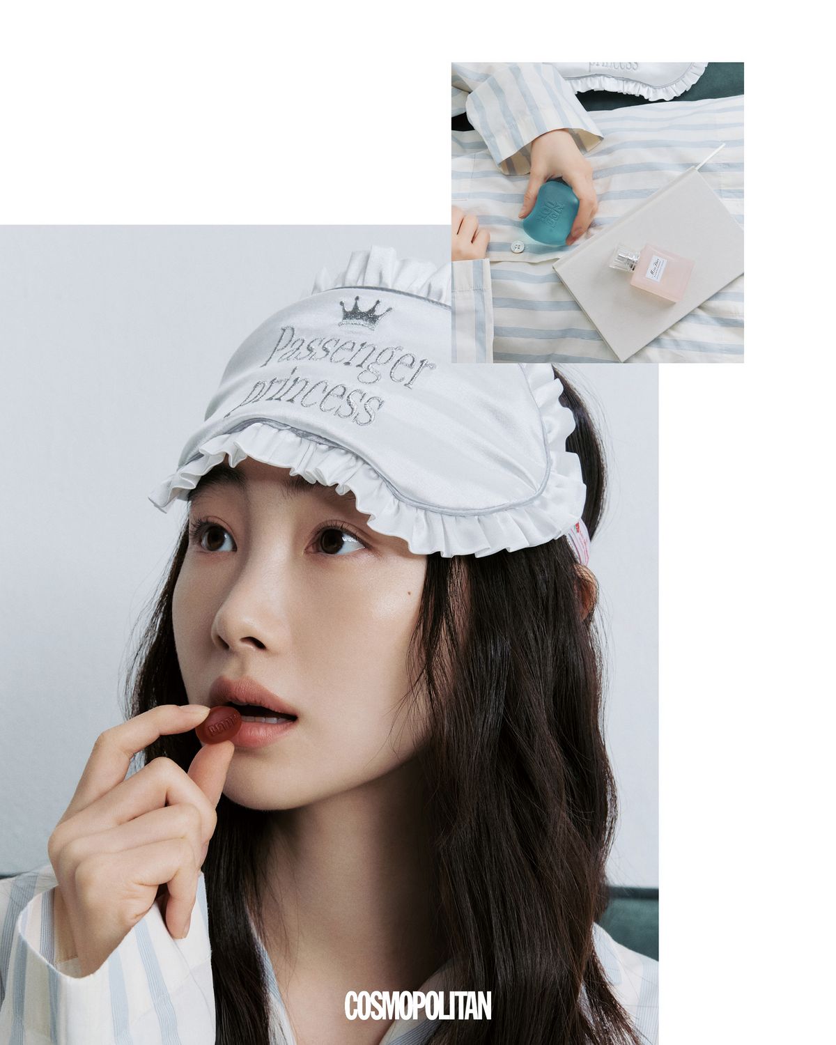 가볍고 통기성 좋은 오가닉 코튼 포플린 소재의 포플린 롱 슬리브 셔츠 Tekla. 식물성 멜라토닌이 함유된 멜라나잇 구미 All the Better. 워터 베이스 포뮬러로 모발을 건강하게 케어하고, 로즈워터와 부드러운 화이트 머스크 어코드가 어우러진 플로럴 향의 미스 디올 블루밍 부케 헤어 미스트 Dior Beauty. 안대와 파우치로 사용할 수 있는 패신저 아이 마스크 파우치 Sculptor. 스트레스 볼 에디터 소장품. 