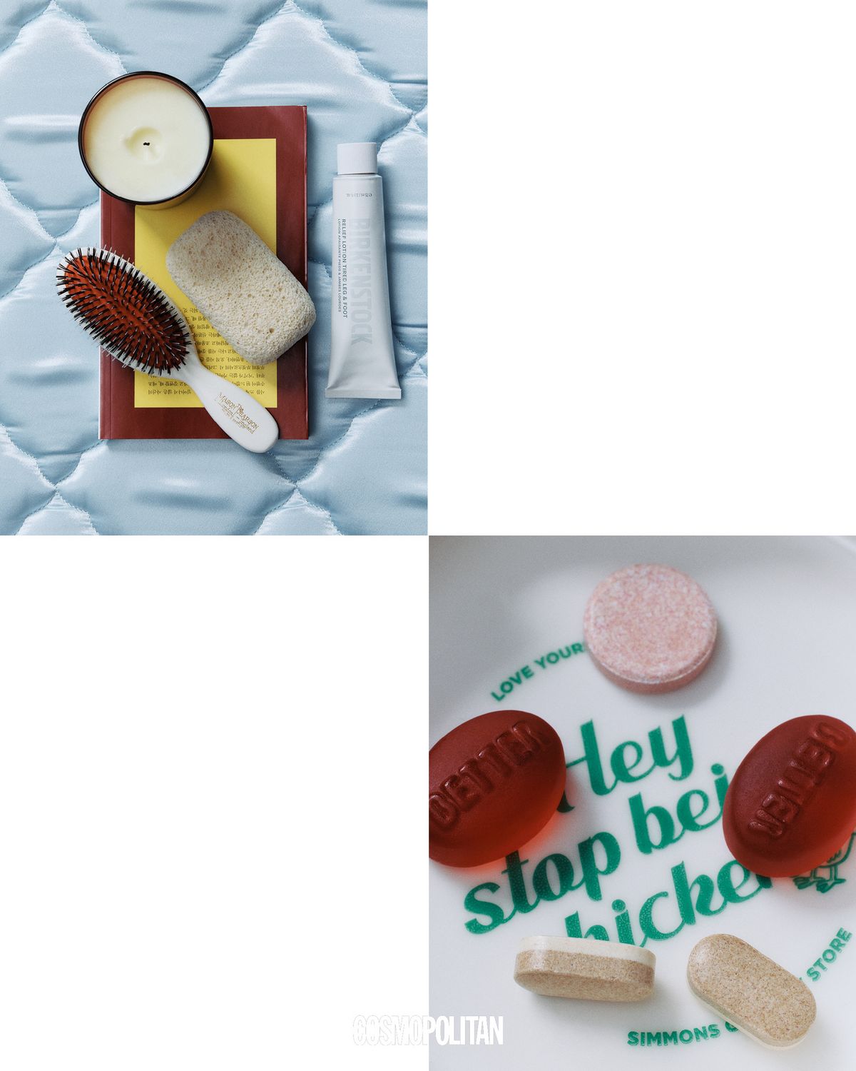 (위에서부터) 은은한 진저와 샌들우드의 우디한 우드 향이 활력을 불어넣는 도르세 15:00 캔들. Liquides Perfume Bar. 100% 재활용 유리로 제작돼 발의 굳은살과 각질을 깨끗하게 제거해주는 스무딩 퍼미스 스톤 Birkenstock. 멘톨, 유칼립투스 오일, 아르니카 오일을 함유한 산뜻한 쿨링 크림이 피부를 진정시키고 오랜 시간 상쾌한 휴식과 편안함을 선사하는 릴리프 레그&풋 로션 Birkenstock. 100% 식물성 멜라토닌 2mg(2구미당)을 물 없이 간편하게 섭취하는 상큼한 타트체리 맛의 멜라나잇 구미 All the Better. 여성의 주기를 분석해 식물성 멜라토닌, L-트립토판, 마그네슘, 비타민 B₆, 유단백 가수 분해물(락티움), L-테아닌 등 6가지 원료를 독자적인 배합으로 담은 블루베리 맛 라엘 밸런스 멜라바이츠 Rael. 식물성 멜라토닌과 L-테아닌, L-트립토판 등을 함유한 3중 포뮬러가 완벽한 휴식을 선사하는 멜라메이트 트리플액션 MelaMate. *본 제품은 건강기능식품이 아닙니다.