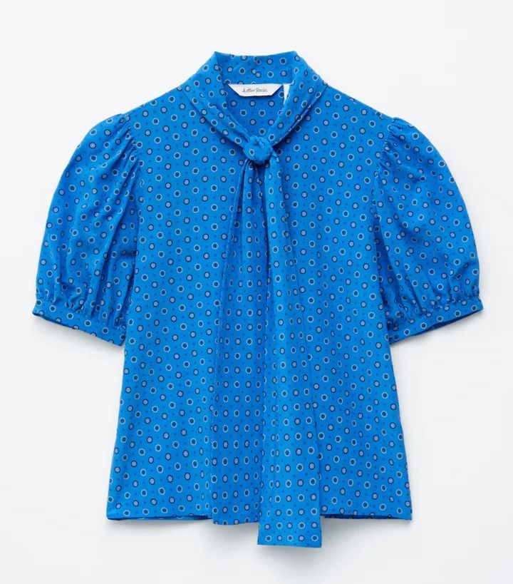 프린트 타이 넥 실크 블라우스 - 브라이트 블루/패턴