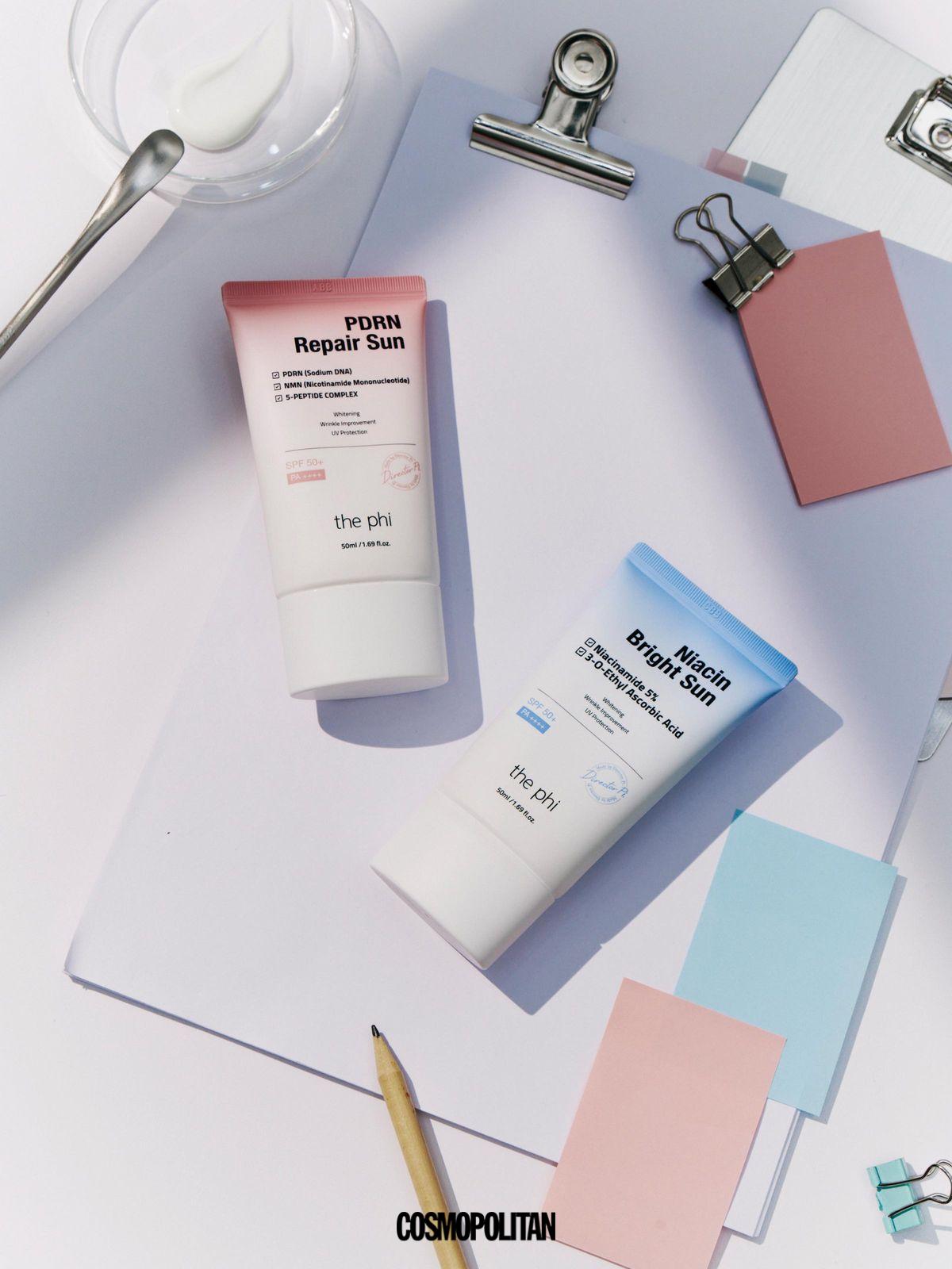 (왼쪽부터)더파이 피디알엔 리페어 선 SPF50+ PA++++, 더파이 나이아신 브라이트 선 SPF 50+ PA++++ 각각 3만5천원 The Phi.