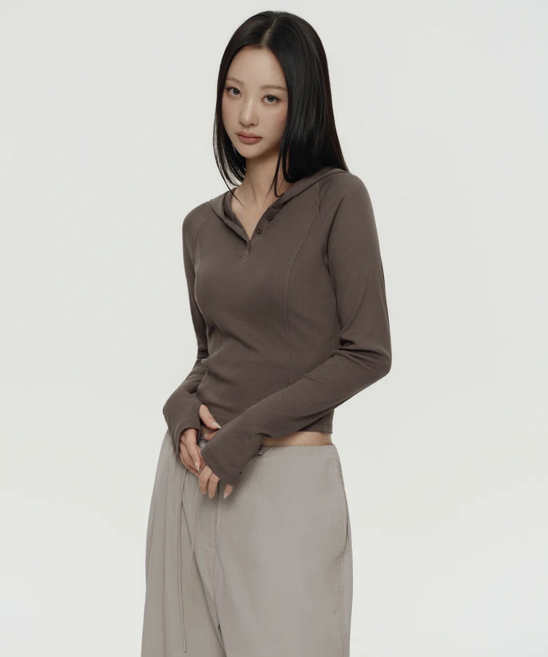우먼즈 리브드 슬림 후디드 긴소매 티셔츠