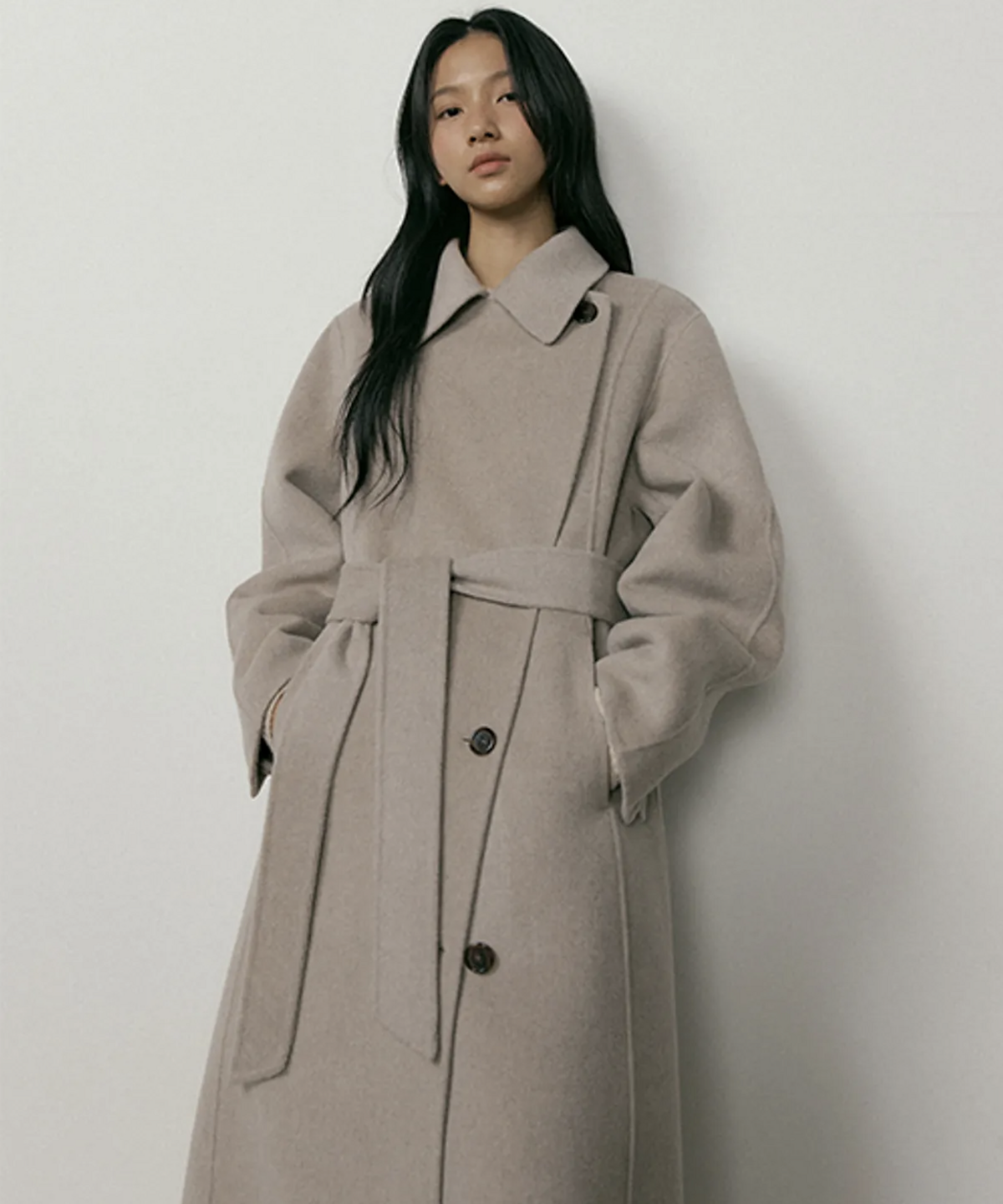 handmade cashmere belted coat-ash brown