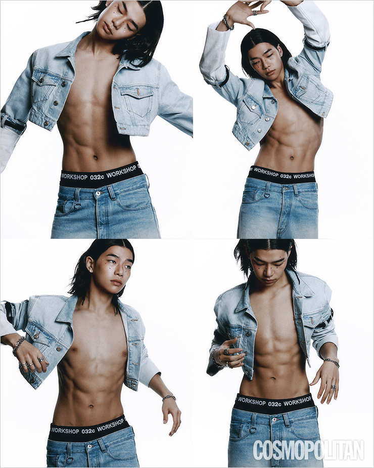  데님 재킷 90만원대 코페르니. 브리프 4만원대 032c. 데님 팬츠 스타일리스트 소장품.
