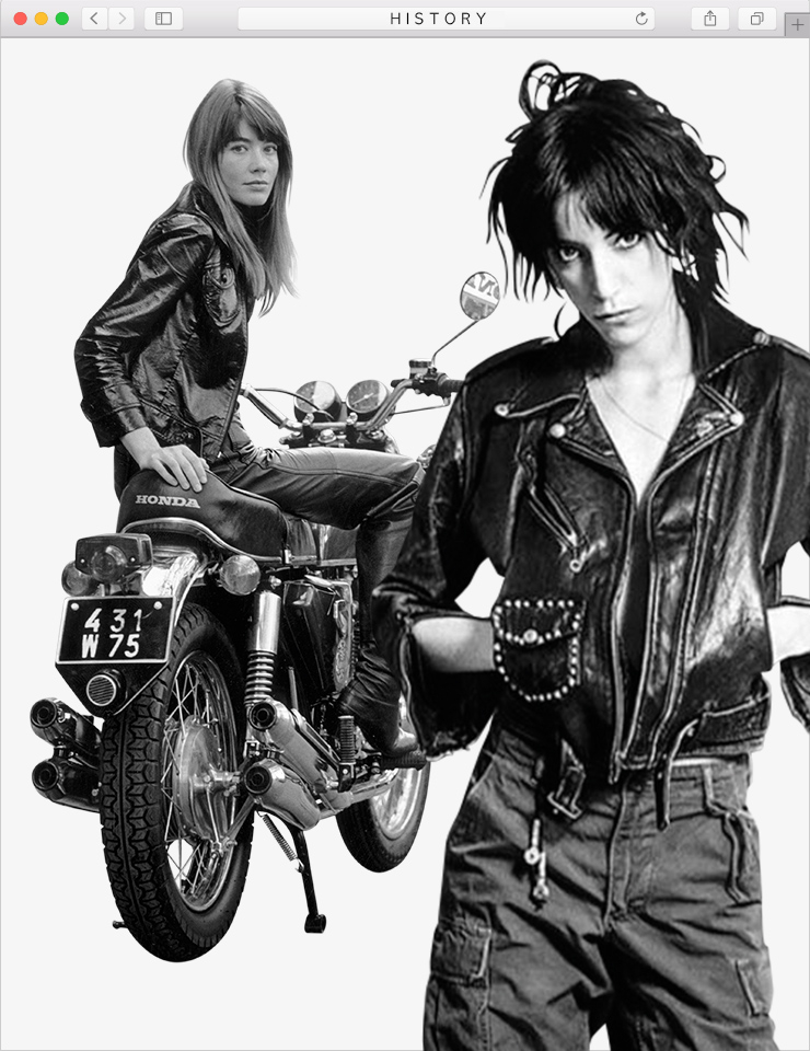 바이커 재킷은 시대를 초월해 늘 모던했다. 프랑수아즈 아르디와 패티 스미스의 바이커 룩은 지금 봐도 따라 입고 싶을 만큼 매력적이다.